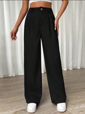 SHEIN Solid Black High-Waist Wide Leg Trousers